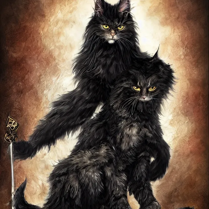 Prompt: Khajit with Maine Coon features and black fur holding two shortswords cloaked in shadow and wearing leather armor, white background, Fantasy, Tarot card style, Half Body Portrait, High detail, hyper realistic