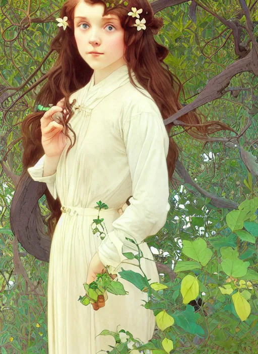 Image similar to pretty young woman resembling millie bobby brown with long hair, climbing a tree, path traced, highly detailed, high quality, digital painting, by studio ghibli and alphonse mucha, leesha hannigan, hidari, art nouveau, chiho aoshima, jules bastien - lepage