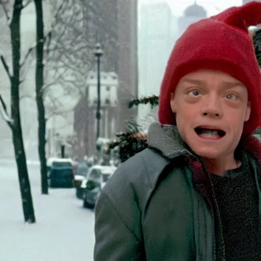 Image similar to Jean CLAUDE Van Damme starring as Kevin McAllister in Home alone, full screen shot, cinematic still