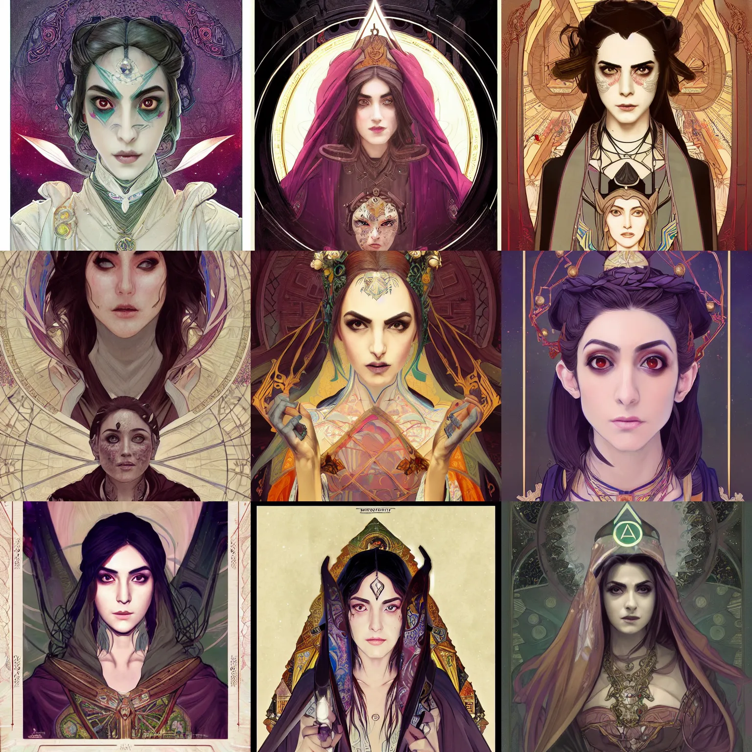Prompt: masterpiece head-on symmetrical centered painted portrait, Maya Ali as D&D sorcerer, Borderlands cell-shaded art style, wearing wizard robes, elegant, tarot card background, in the style of ROSSDRAWS and Ruan Jia and Ross Tran and Alphonse Mucha and Ayami Kojima and Charlie Bowater and Karol Bak and Jean Delville, pixar, maya engine, splash comics, global illumination lighting, rich bright colours