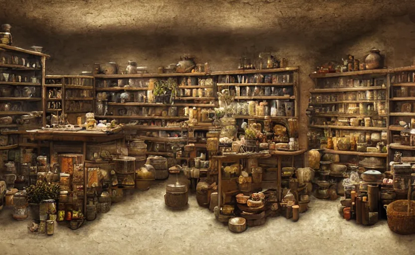 Image similar to an herbalist shop a wood counter and cabinets in the center, simple adobe wall,, simple wood shelves, lots of jars and boxes of herbs, torch lit warm dark fantasy matte painting in the style of ruan jia and craig mullins