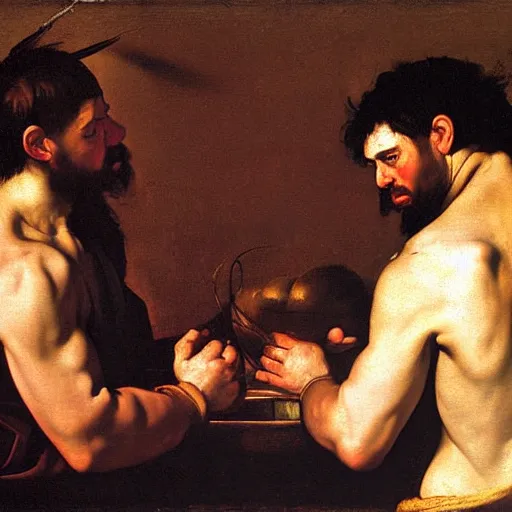 Image similar to judas and jesus discussing ropes. by caravaggio, by diego velazquez, by frans hals. oil painting, high detail, sfumato.