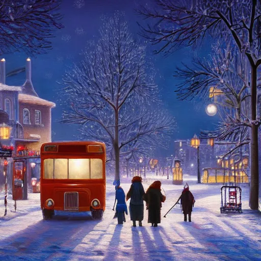 Image similar to winter town centre inspired by Evgeny Lushpin, Peter Zumthor,bus,people walking winter sunset,full moon,p