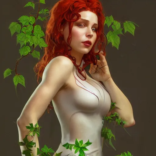 Image similar to a beautiful and detailed matte painting of poison ivy dressed as a hospital nurse, fantasy, d & d, dark eyeliner, intricate, elegant, highly detailed, digital painting, artstation, concept art, matte, sharp focus, illustration, art by greg rutkowski and alphonse mucha