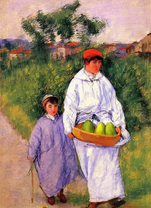 Prompt: vintage beautiful painting of 2 young men carrying a big pear in a village in Mary Cassatt style