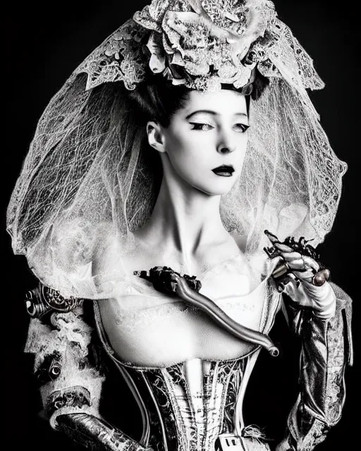 Prompt: a black and white high quality dreamy photo of a young beautiful female queen-silver dragon-vegetal-flower-cyborg black lace veiled bust with a very long steampunk cyborg neck, elegant, highly detailed, poetic, soft, dreamy, mysterious, high fashion, in the style of Horst P. Horst, Metropolis, Realistic, Refined, Digital Art, Highly Detailed, Cinematic Lighting, rim light, black and white, photo-realistic, 8K