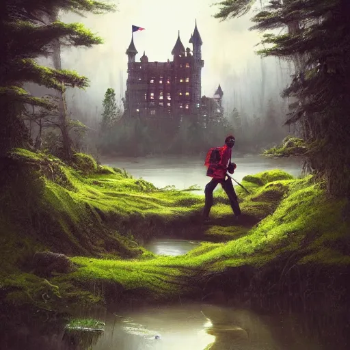 Prompt: snoop dogg treking across a swamp with a castle in the distance, green color scheme with hints of red, digital art, artstation, dramatic lighting, intricate, wild, highly detailed, digital painting, artstation, concept art, smooth, sharp focus, illustration, art by artgerm and greg rutkowski.