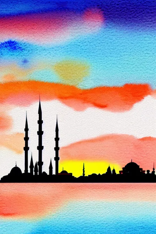 Prompt: minimalist watercolor art of istanbul skyline at sunset, illustration, vector art