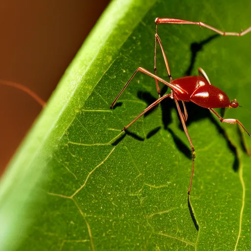 Image similar to bionic ants at war on a green leaf, macro photography, 8 k, cinematic lighting, shallow depth of field,