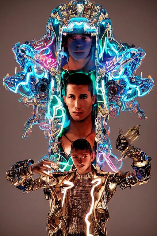 Image similar to full-body bladerunner style sculpture of a young handsome Latino prince as a half cibernetic android with a chest opening exposing circuitry and electric sparks, glowing laser beam eyes, crown of giant diamonds, flowing neon-colored silk, fabric, raptors. baroque elements. full-length view. baroque element. intricate artwork by caravaggio. reflective surfaces. Trending on artstation, octane render, cinematic lighting from the right, hyper realism, octane render, 8k, depth of field, 3D