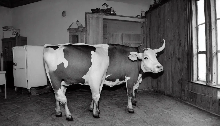 Image similar to a giants cow in a stalinist style kitchen, by mini dv camera, very very low quality, heavy grain, very blurry, accidental flash, caught on trail cam