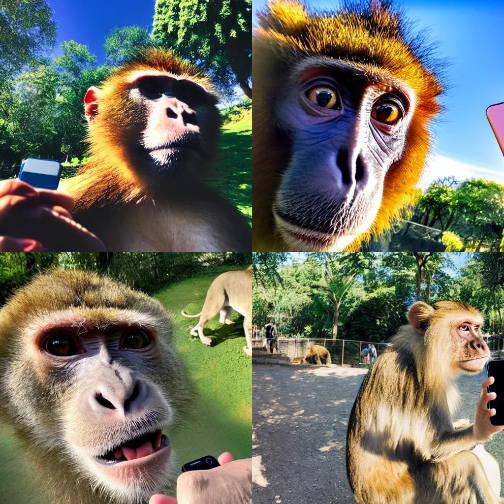Prompt: A high-quality photo of a monkey taking a selfie with an iPhone in front of the lion enclosure at the zoo on a sunny day