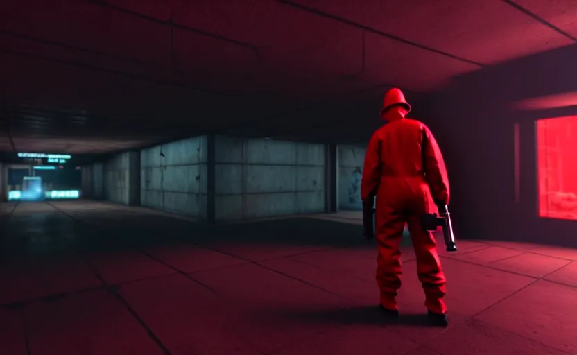 Prompt: in-game screenshot of a dark red hazmat scientist holding a gun walking on unreal engine 5, in a liminal underground garden, photorealistic, octane render, retrofuturism, brutalism, staggered terraces, minimalist