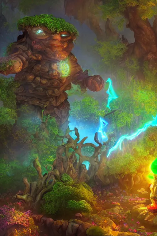 Image similar to arcane fantasy art giant golem elemental wood rock bastion forged gemstone enchanted forest troll, global illumination ray tracing hdr fanart arstation by sung choi and eric pfeiffer and gabriel garza and casper konefal lisa frank zbrush central hardmesh radiating a glowing aura