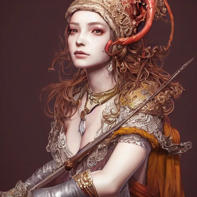 Image similar to studio portrait of neutral good colorful female cleric bard healer as absurdly beautiful, elegant, young sensual pretty woman, ultrafine hyperrealistic detailed face illustration by kim jung gi, irakli nadar, intricate linework, sharp focus, bright colors, matte, octopath traveler, final fantasy, unreal engine highly rendered, global illumination, radiant light, intricate environment