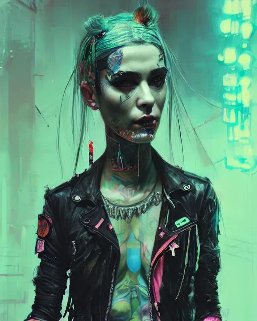 Image similar to detailed portrait Punk Girl cyberpunk futuristic ((neon)) tattoes, yakuza, styled hair Reflective puffy sheen film jacket, decorated traditional ornaments by ismail inceoglu dragan bibin hans thoma greg rutkowski Alexandros Pyromallis Nekro Rene Margitte illustrated Perfect face, fine details, realistic shaded, fine-face, pretty face