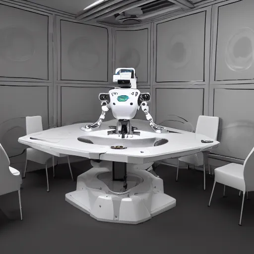 Image similar to three large white glossy cybernetic symbiosis thick bifurcated robotic cnc surgical hybrid mri 3 d printer machine robots on the floor around a dinner table, the robot arms are wearing wires, the table is full of food, they are having dinner inside a posh fine dining restaurant with retro modern furniture and decor, global illumination, artstation, fantasy, volumetric light