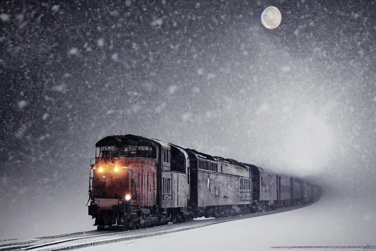 Image similar to an old locomotive rushing through snow storm in high speed, white steam on the side, dark smoke with fire from the pipes, dynamic angled shot, speed lines, fire particles and snowflakes everywhere, 8 k, hyperrealistic, ultra sharp, octane render, unreal engine, light breaks through the roofs, artstation, very detailed, 1 6 k, eerie moon eclipse cinematic scenery