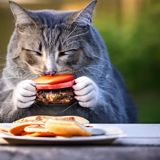 Image similar to fat cat eating a hamburger, dslr photo, high detail, high resolution