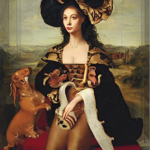 Image similar to nicki minaj walking a dachshund baroque oil painting