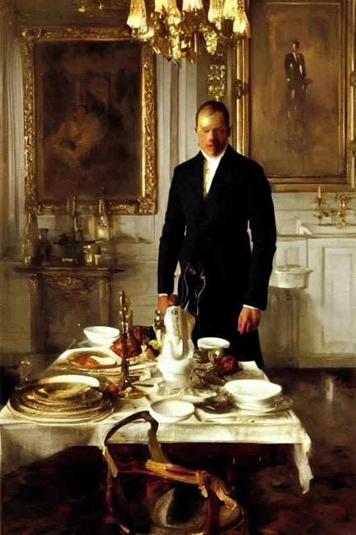 Image similar to portrait of a respectable dignified royal business elite politician standing on top of a finely set table calmly stepping in the food art by anders zorn, wonderful masterpiece by greg rutkowski, beautiful cinematic light, american romanticism by greg manchess, jessica rossier