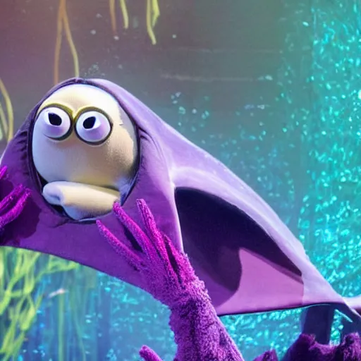 Image similar to an adorable shy nervous manta ray muppet, in the style of the muppets, it is a manta ray character with manta ray arms, designed by spongebob the musical on broadway, real, photograph, cinematic