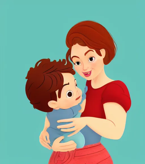 Image similar to a mother with short shoulder length auburn hair, short and curvy and a slightly chubby face holding her infant son with short brown hair full color digital illustration disney / pixar animation 4 k