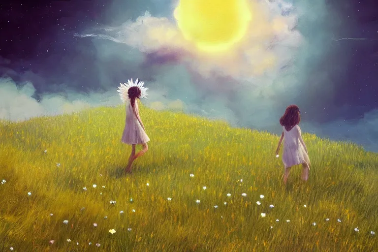 Prompt: giant white daisy flower head, girl walking on cliff, surreal photography, solar eclipse, milky way, dramatic light, impressionist painting, clouds, digital painting, artstation, simon stalenhag