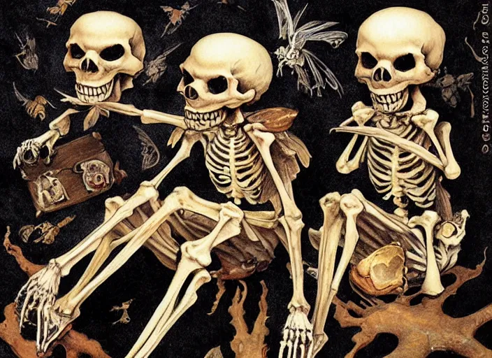 Image similar to skeleton fairy and tooth fairy and bone fairy collect the skulls together painting carved in amber by chiara bautista and norman rockwell and greg rutkowski weta studio