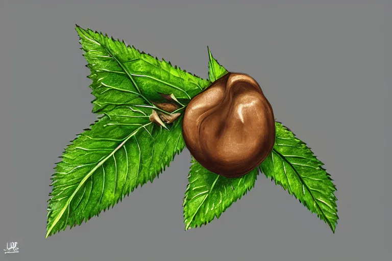 Image similar to a hazelnut with green leaf, macro, fantasy, sharp focus, intricate, elegant, digital painting, artstation, matte, highly detailed, concept art, illustration, ambient lighting, art by Jonatan Iversen-Ejve