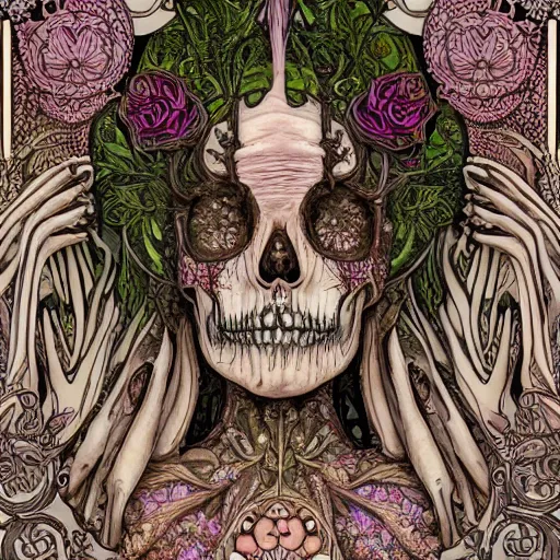 Image similar to detailed rotten woman skull corpse with fractal plants and fractal flowers and mushrooms growing around, symmetrical, ornate, ornamentation, illustration, in the style of art nouveau, mucha