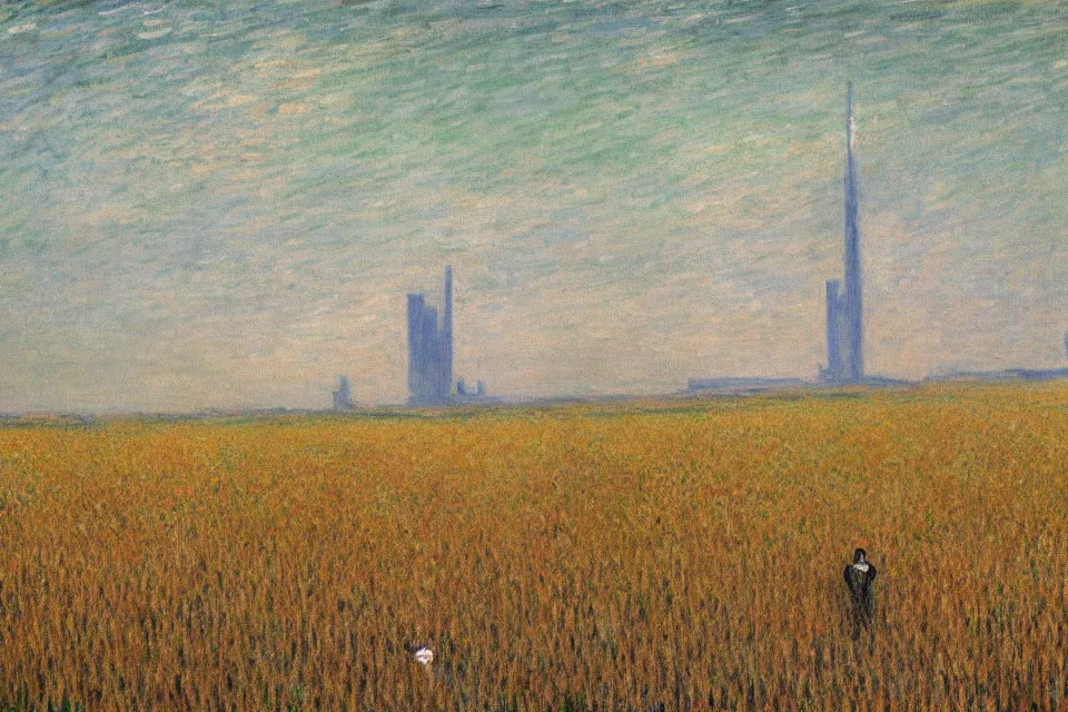 Prompt: sci-fi painting of many skyscraper in distant mirage, on the vast wheat fields, only one humanoid robot on the ground, by Monet, godrays, detailed