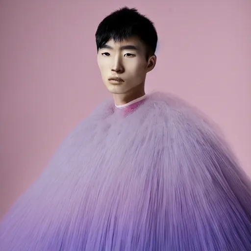 Prompt: a beautiful young japanese male wearing an ombre cotton candy gown designed by alexander mcqueen, photographed by andrew thomas huang for a fashion editorial