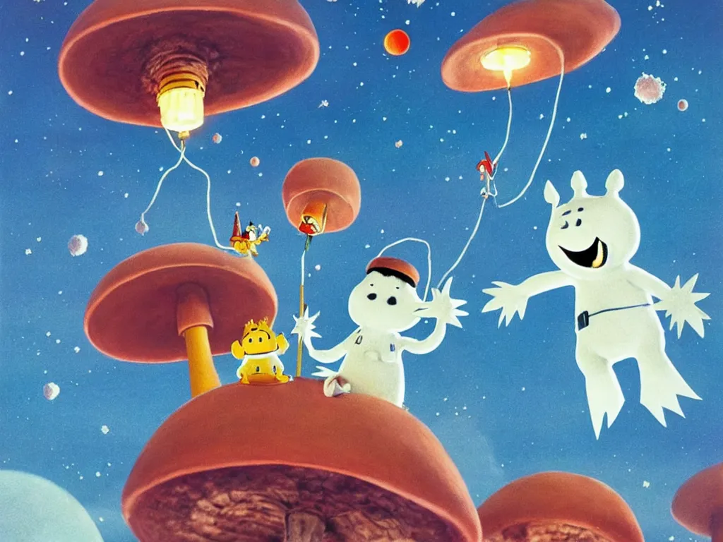Prompt: moomins in space suits flying around with jetpacks discovering the mushroom planet, photorealistic painting, cgi, low light, movie still, very cozy and fluffy and sweet