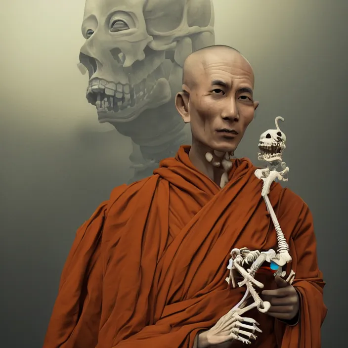 Image similar to portrait of Buddhist Monk as skeleton. intricate abstract. intricate artwork. by Tooth Wu, wlop, beeple, dan mumford. octane render, trending on artstation, greg rutkowski very coherent symmetrical artwork. cinematic, hyper realism, high detail, octane render, 8k, iridescent accents