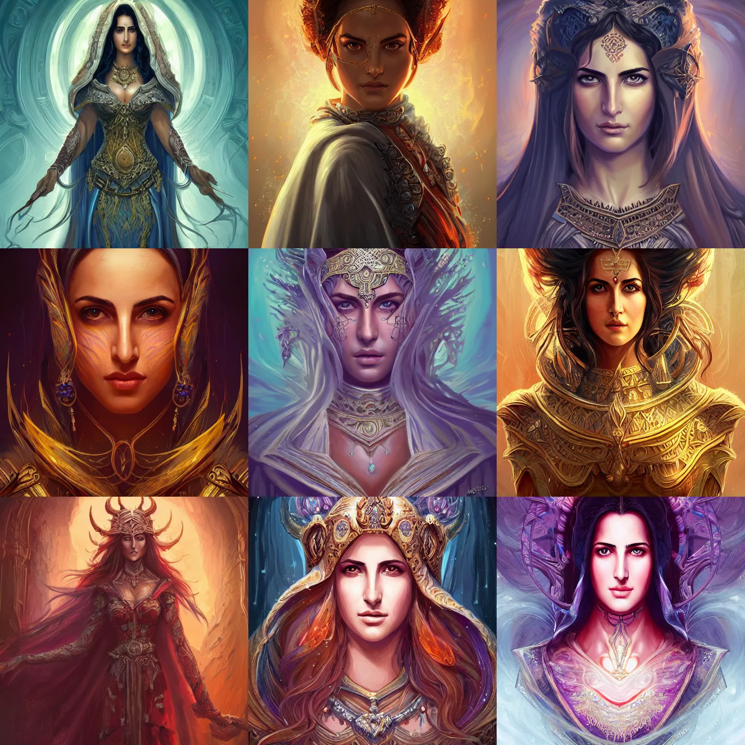 Prompt: head-on centered symmetrical painted portrait, Katrina Kaif as a D&D Storm Mage, intricate fantasy robes, fantasy, intricate, elegant, highly detailed, digital painting, smooth, sharp focus, illustration, dramatic lighting, artstation, in the style of Artgerm and Anna Podedworna