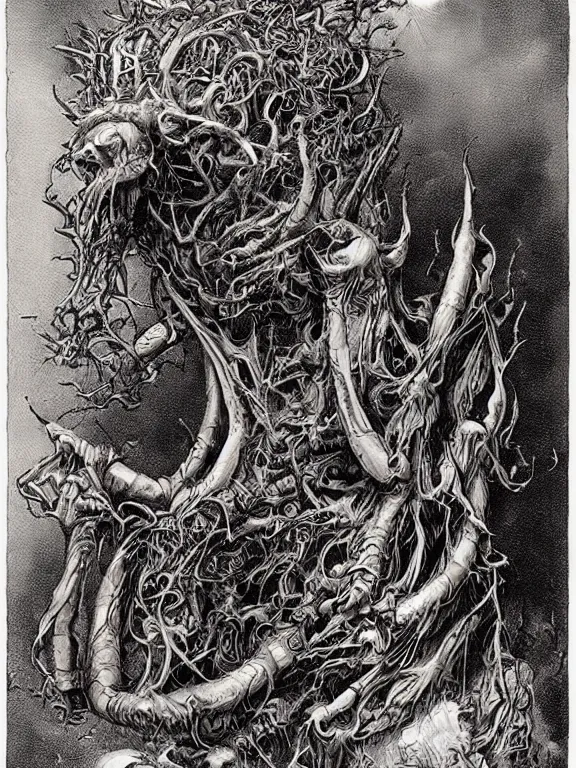 Image similar to A horror illustration design of a Prophecy book from hell revealing the Warwick Goblel of an Ancient Creature,by Maximilian Pirner and Gregoire Kenne and and aaron horkey and peter gric,trending on pinterest,Lovecraftian,medieval,ossuary,rococo,fractalism,maximalist,glittering,feminine