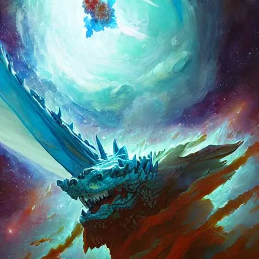 Prompt: prompt crystalline blue dragon in space, devouring a planet, planets, sun system, nebula, oil painting, by Fernanda Suarez and and Edgar Maxence and greg rutkowski