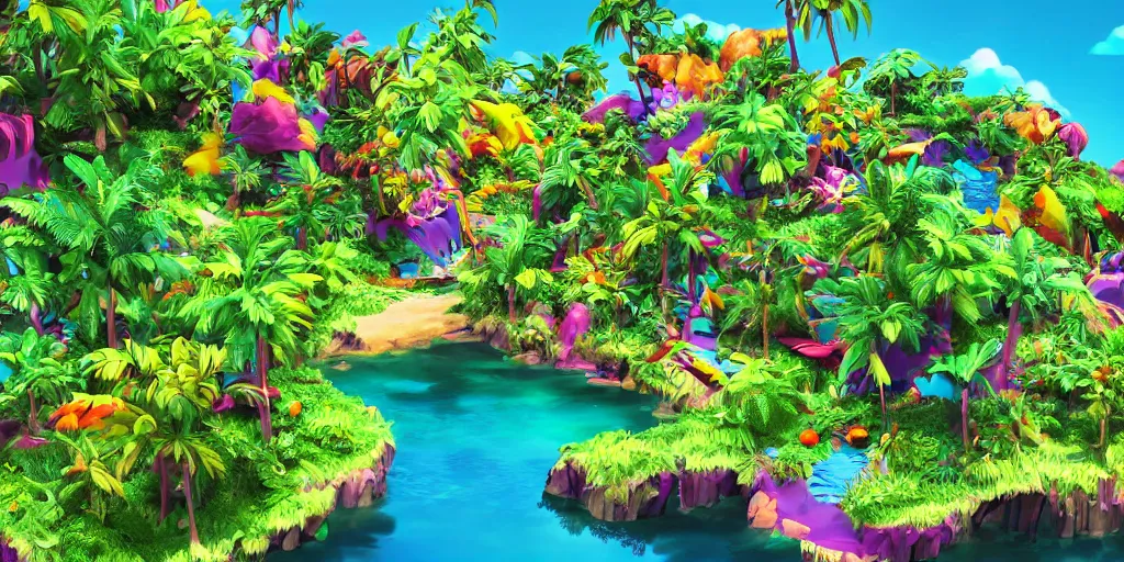 Image similar to plastic beach island lush vegetation caustics fluid simulation lighting impressive colorful masterpiece graffiti hyper perspective textured detailed intricate sharp focus 8 k