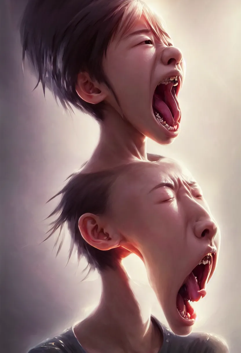 Image similar to beautiful render, waist up portrait of a futuristic cute japanese teenager screaming in anger and frustration, intricate, elegant, highly detailed, digital painting, artstation, concept art, smooth, sharp focus, octane render, dramatic lighting, symmetry, symmetrical face, ONE FACE, headshot, art by greg rutkowski and wlop