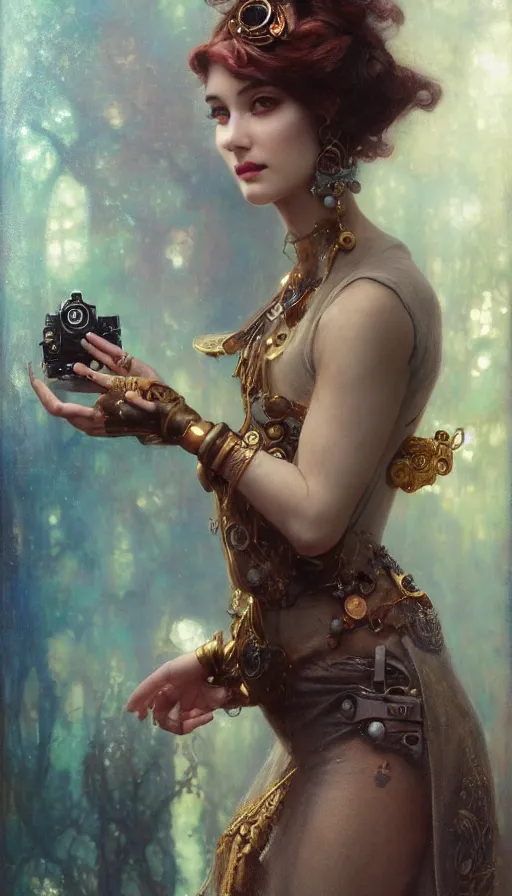 Image similar to hyper realistic photographer taking a picture, magical, gems, jewels, gold, steampunk, cyberpunk, painted by tom bagshaw, mucha, gaston bussiere, craig mullins, j. c. leyendecker 8 k