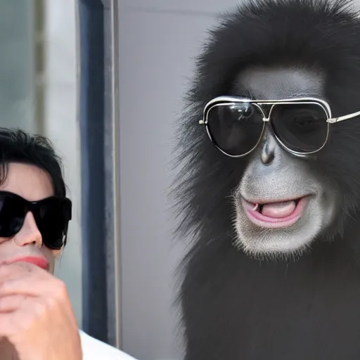 Image similar to michael jackson 2 0 0 9 wearing shades, this is it style, photo real, pores, motion blur, sitting with bubbles the chimp window open, real life, spotted, ultra realistic face, accurate, 4 k, movie still, uhd, sharp, detailed, cinematic, render, modern