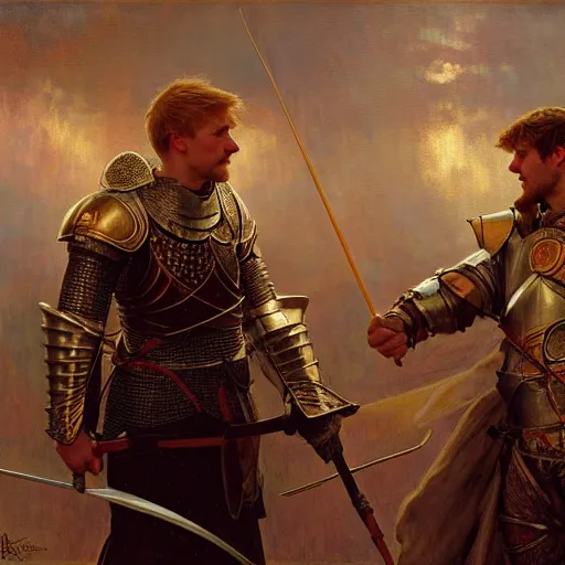 Image similar to attractive arthur pendragon and his attractive male knight, they are in love, natural lighting, path traced, highly detailed, high quality, digital painting, by gaston bussiere, craig mullins, alphonse mucha j. c. leyendecker