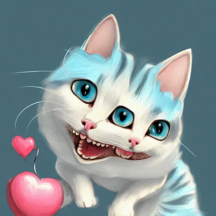 Image similar to cute cat of cheshire from alice in wonderland. an adorable cat with light blue stripes and a big human like playful smile. award - winning digital art, trending on artstation