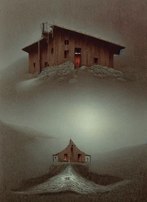 Image similar to mountain cabin by beksinski and salvadore dali