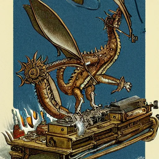 Image similar to a dragon with steam punk machine on it's side, book illustration, beatrix potter