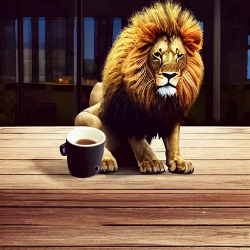 Image similar to a lion sitting on a table with a cup leaking coffee on the table next to him.