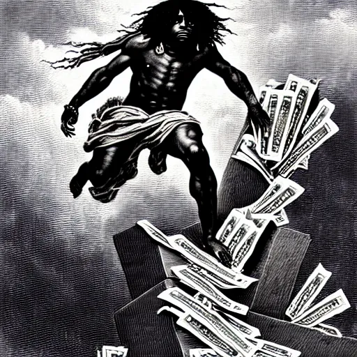 Image similar to cheef keef ascending into heaven holding stacks of cash, biblical image, style of gustave dore, highly detailed, beautiful, high contrast, black and white