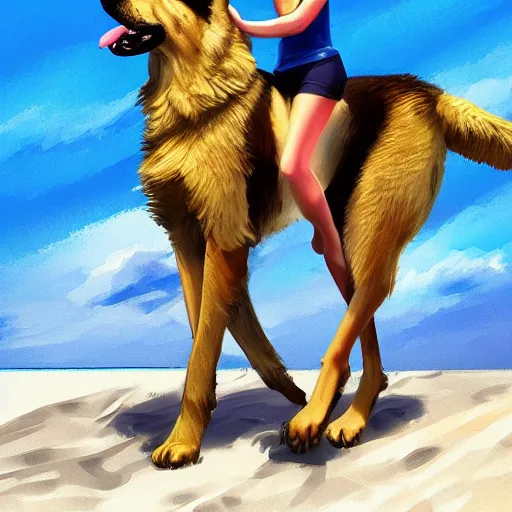 Image similar to girl riding a giant German shepherd at the beach, trending on artstation