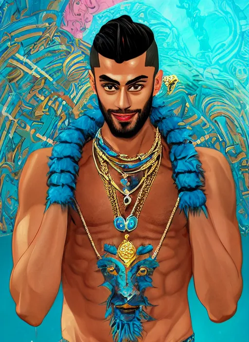 Prompt: muscular Atlantean king Zayn Malik grinning and wearing cholo sunglasses and a heavy bejeweled gold crown with huge blue diamonds on his head while shirtless, thick blue diamond chain around his neck, flexing his muscles, zebra stripes, resting tiger, steelpunk, ghibli studio, nekro, Tom Bagshaw, Craig Mullins, octane 8k, by brian froud, Trending on ArtStation